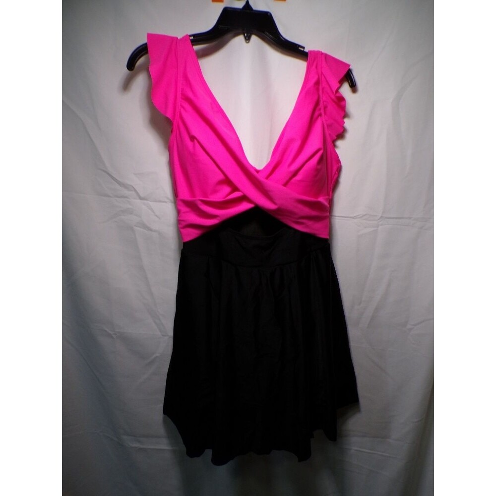 B2PRITY Women's L Pink Black Colorblock One Piece Swimdress Ruffle Cutout
